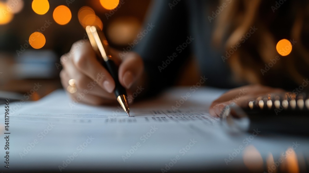 Poster Close up view of a person's hand holding a metallic pen, writing on a white paper. Defocused light background creates a warm, inviting atmosphere, perfect for illustrating concepts like journaling