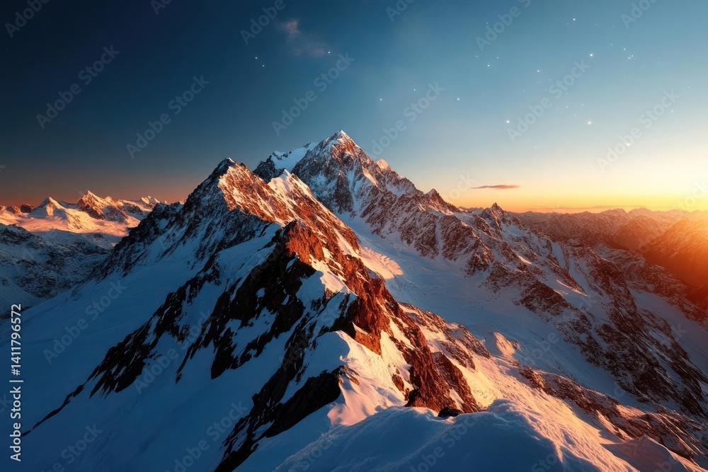 Poster High-angle view of a snow-covered mountain range against a bright sky. The mountain peaks are dusted with snow, creating a striking contrast with the rugged terrain and the warm glow of the light
