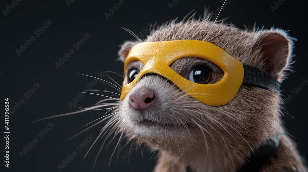 Poster close-up of a small mammal with brown fur and a pink nose, wearing a yellow mask with dark elastic s