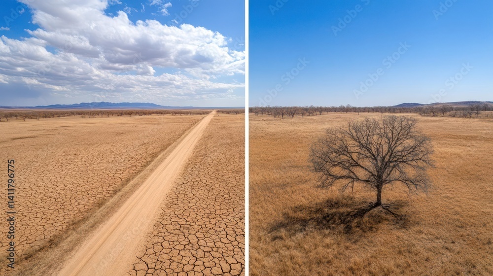 Poster split view showcases arid land, one side featuring a dirt road under a partly cloudy sky and the oth