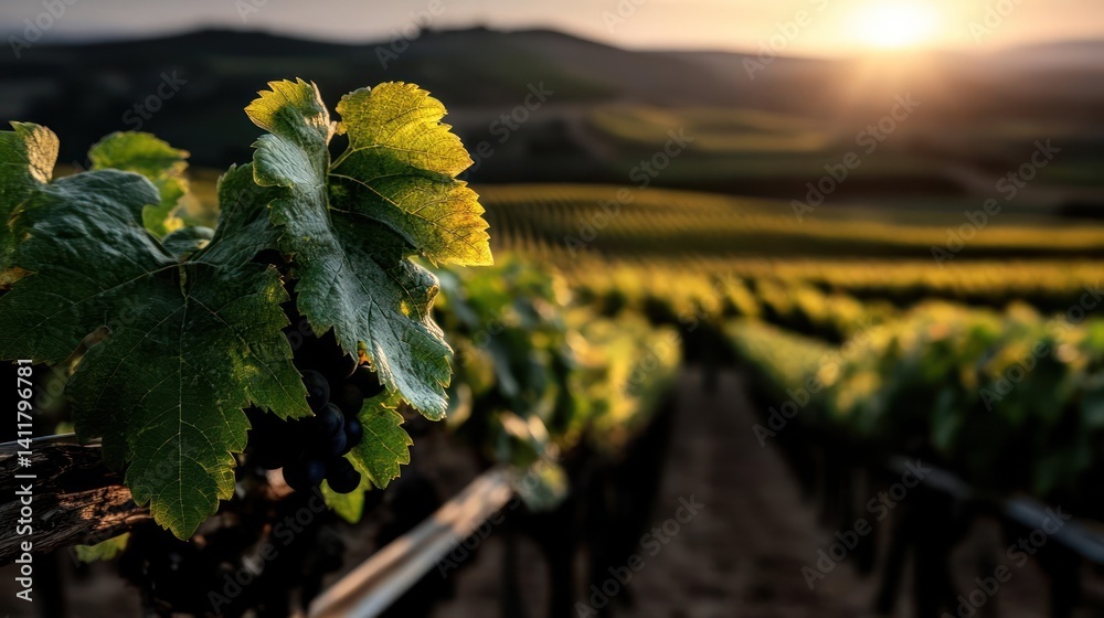 Poster close up of green leaves in a vineyard during sunset, rows of grape vines in the background under a 