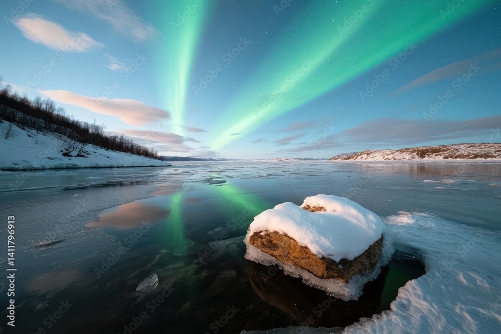 Poster a breathtaking view of green aurora borealis dancing in the night sky. a partially frozen lake with 