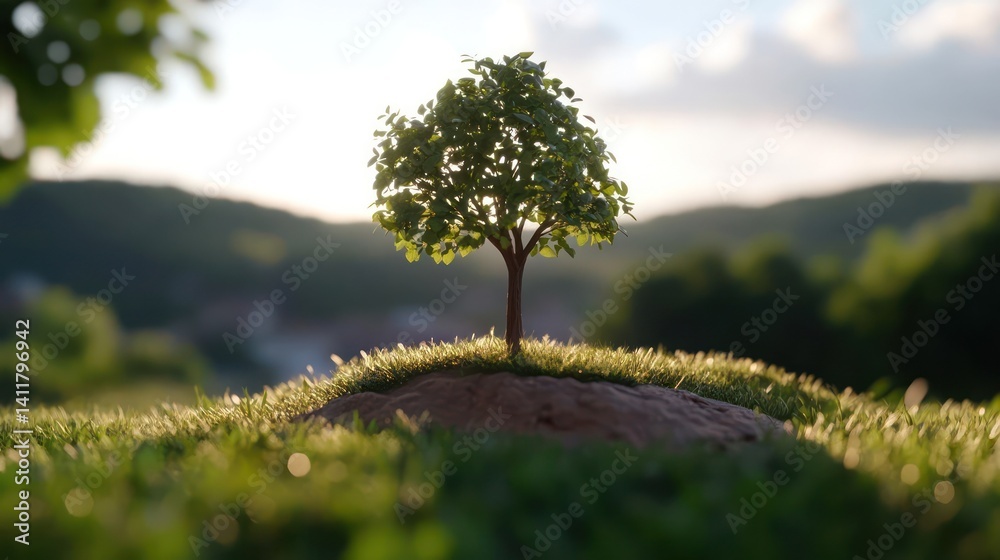 Aufkleber A small decorative tree stands on a grassy mound against a blurred background of rolling hills and a bright sky. The lighting is warm, highlighting the textures of the grass and the tree's leaves. It