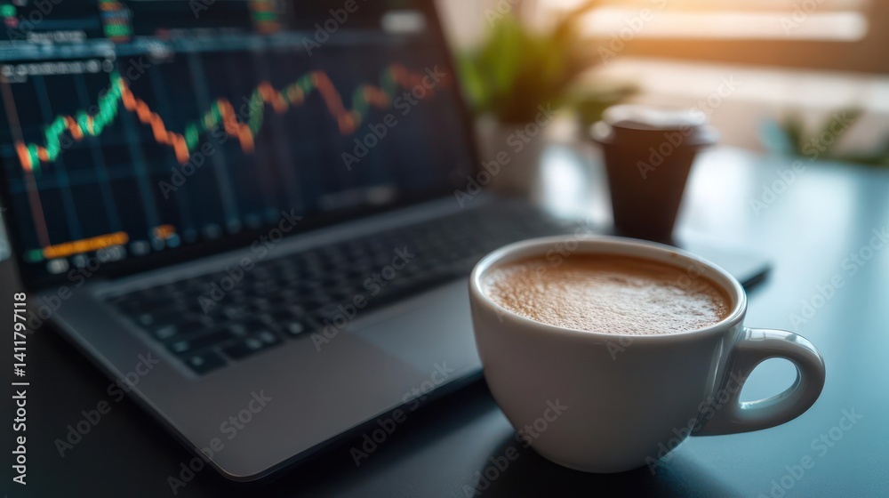 Poster close-up of a white coffee cup with a laptop displaying stock market charts in the background, set o