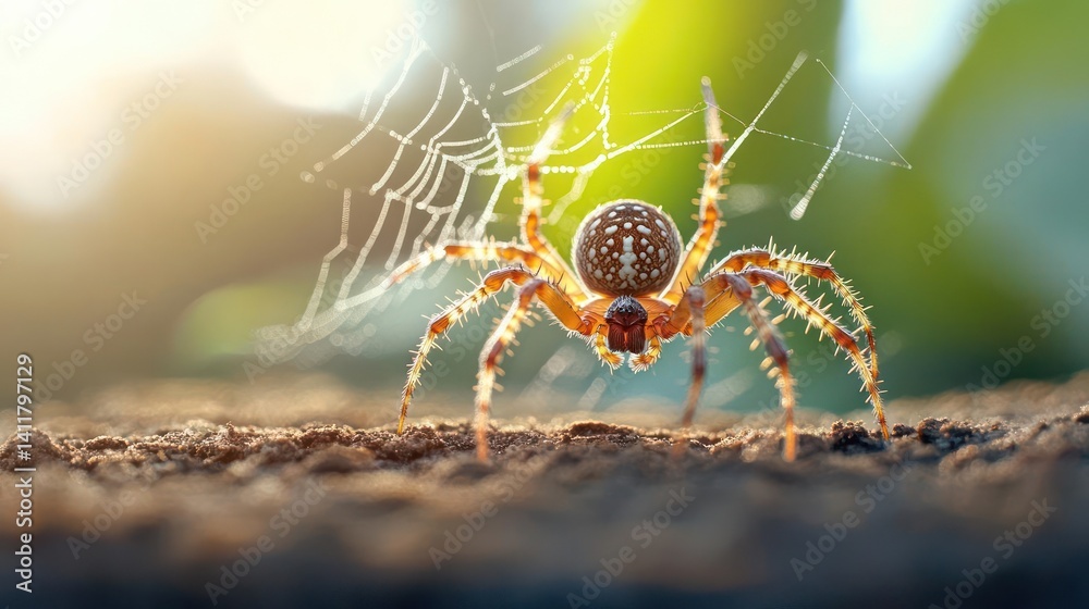 Poster a detailed macro shot of an orange and brown spider standing on dirt with a spiderweb behind it, set