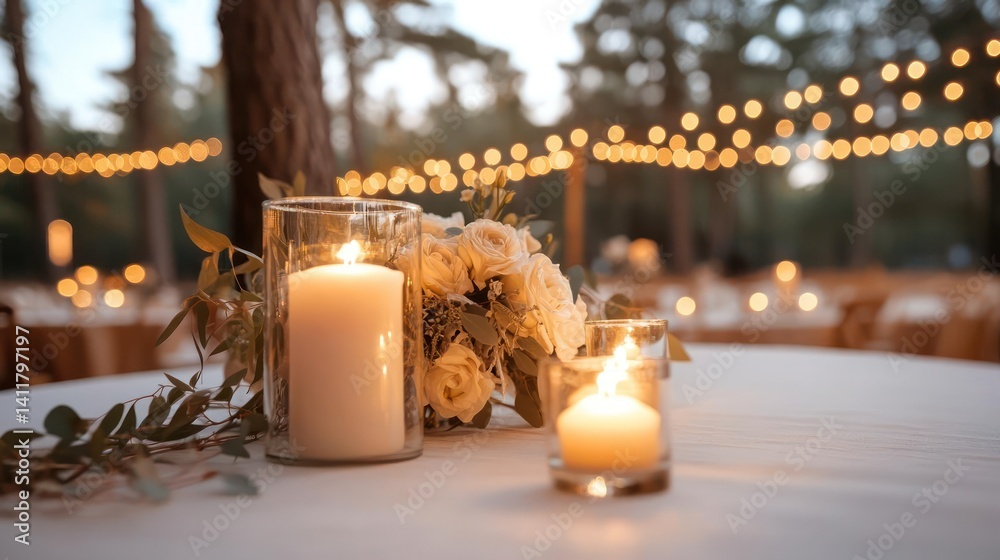 Poster close up of a candlelit table with white tablecloths and a floral centerpiece outdoors at dusk. warm