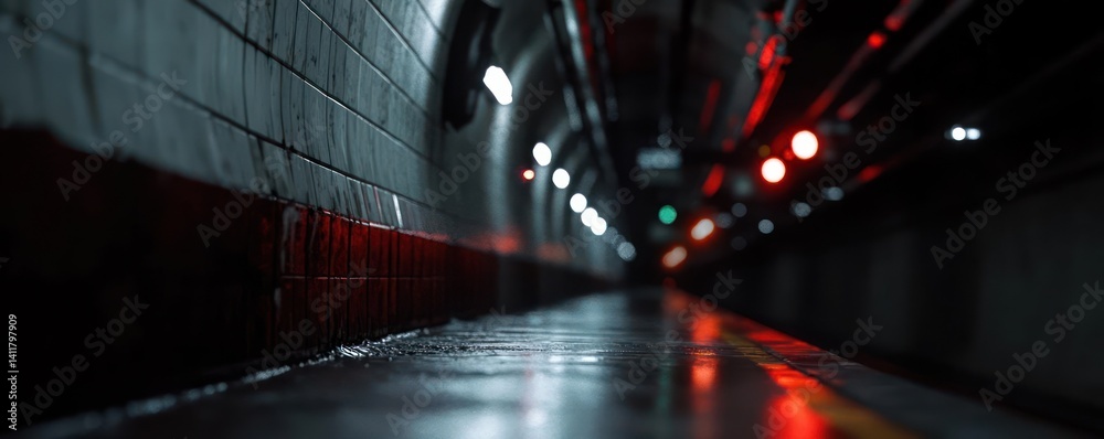 Leinwandbilder An empty subway station platform with wet tiles reflecting lights under a dark tunnel with a light in the distance creating a deep and contrasting perspective