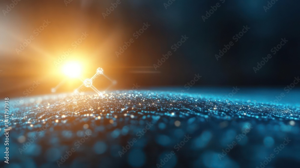 Poster abstract visualization of a digital landscape illuminated by a bright orange light, resembling a sun