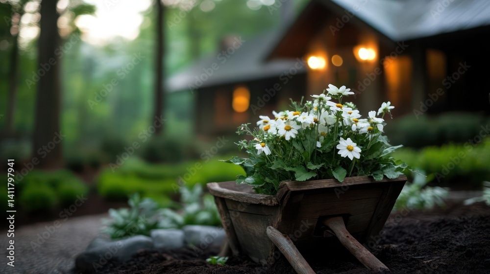 Poster this image features a wheelbarrow filled with white daisies in front of a blurred house. the scene i