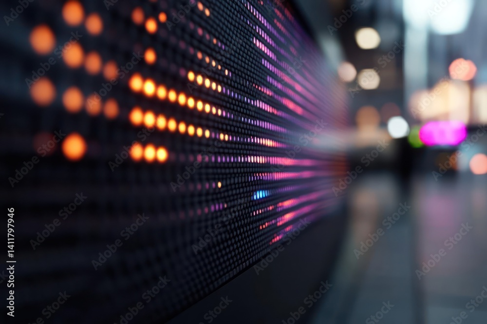 Poster close up of an electronic display panel with rows of lights displaying orange, pink, and purple on a