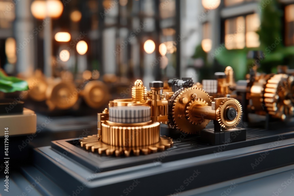 Poster a detailed close up of a golden gear mechanism on a black base is bathed in soft, focused lighting. 