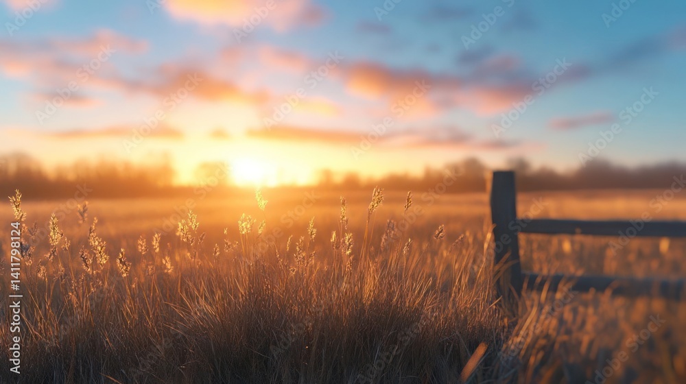 Poster golden hour illuminates a field of tall grass and distant trees under a pastel sky at dusk. a weathe