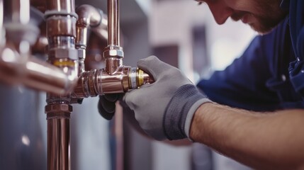 Plumber installing pipe joint. Indoor bathroom renovation site