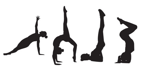 Women doing Yoga, Pilates set. Slim girl doing yoga. Hand drawn black silhouettes Vector illustration.