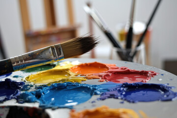 Obraz premium Close Up of Artist Palette with Colorful Thick Paint and Brush in Studio