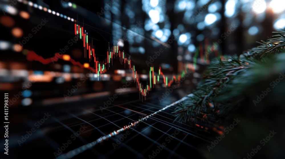 Fototapete This dynamic image features an overlay of a financial market chart with rising and falling candlesticks in green and red. The chart is juxtaposed against blurred elements of a network grid and a