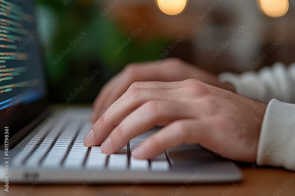 Poster Close-up shot of hands typing on a laptop keyboard, focusing on coding with blurred lights in the background. The scene captures the concentration and detail of software development