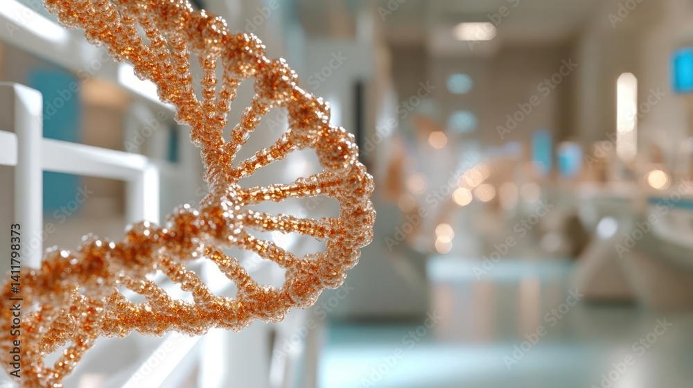 Poster A mesmerizing 3D DNA helix model is displayed in the laboratory. The helix shimmers with a golden hue against the muted backdrop of lab equipment and tiled floor, creating a captivating blend of