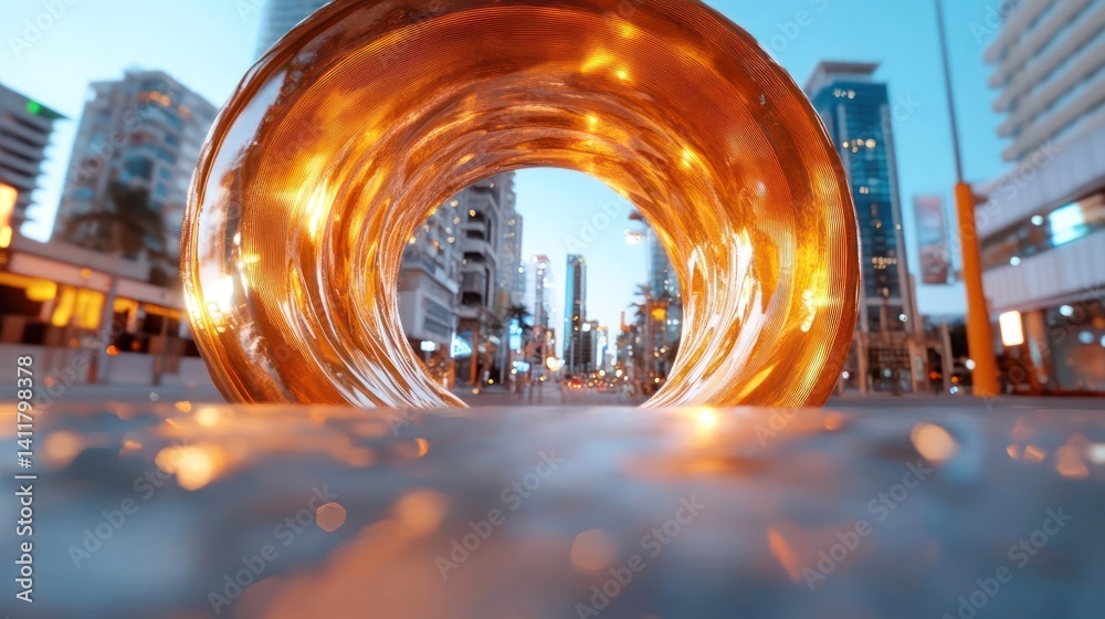 Poster a wormhole shimmering with gold and bright light, standing on a street in a cityscape, with building