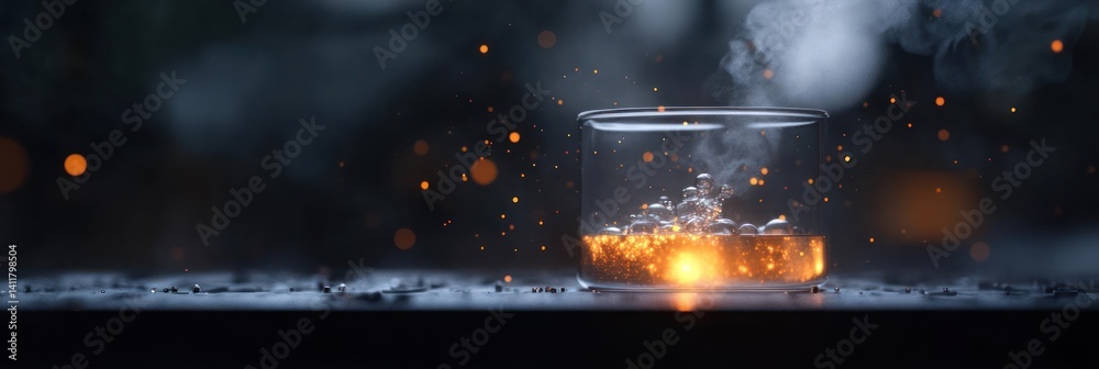 Aufkleber a macro studio shot capturing a glass beaker filled with golden liquid, emitting steam and illuminat
