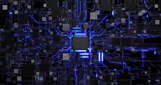 Laptop Opening Into High Tech Computer Motherboard With Processors. Technology Related 3D Animation.