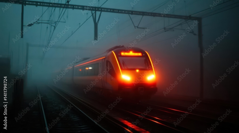 Poster a train emerges from dense fog at night with its lights glowing brightly, creating a dramatic contra