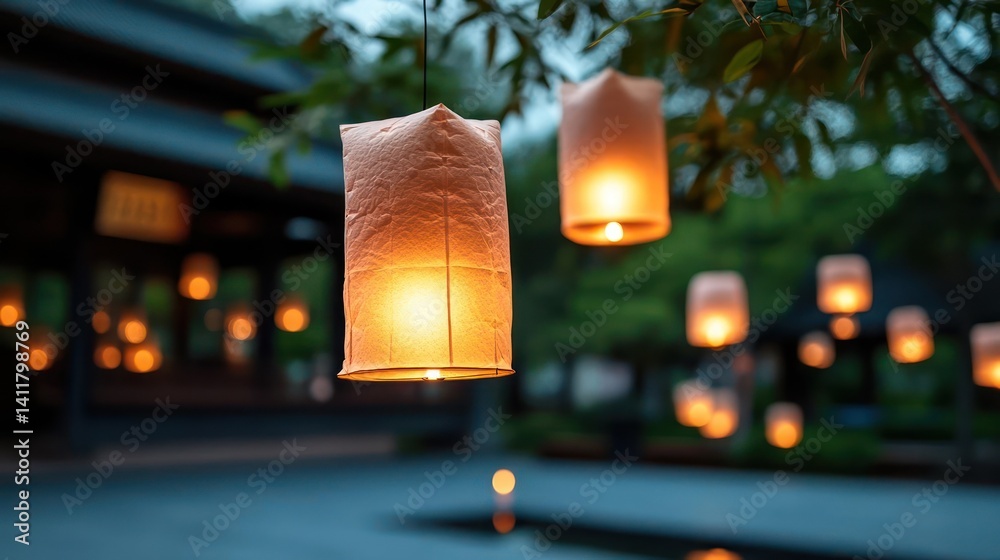 Aufkleber Outdoor scene capturing multiple illuminated tan paper lanterns hanging from tree branches, creating a warm glow. The background includes blurred buildings and lush green foliage, adding depth to the