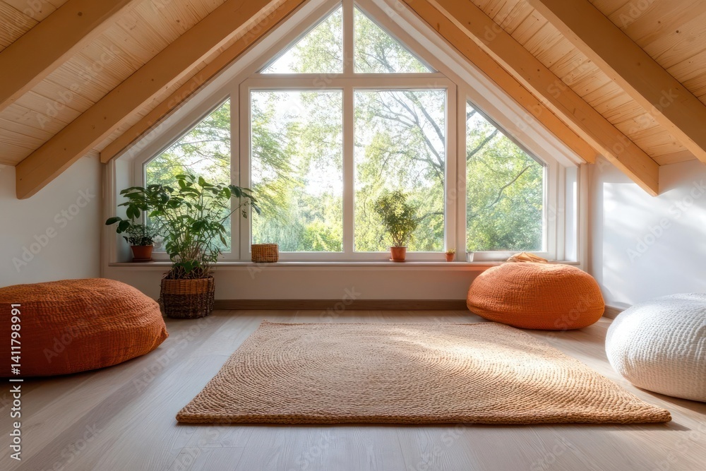 Aufkleber a cozy attic room with a large triangular window framing lush greenery. features a woven rug, two te