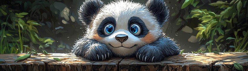 Obraz premium Adorable Young Panda with Big Eyes Resting on a Log Surrounded by Lush Greenery