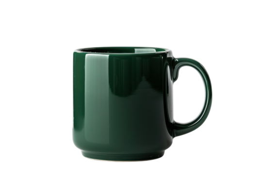 Elegant green ceramic mug resting against a white background, showcasing its glossy finish and simple design isolated on transparent background