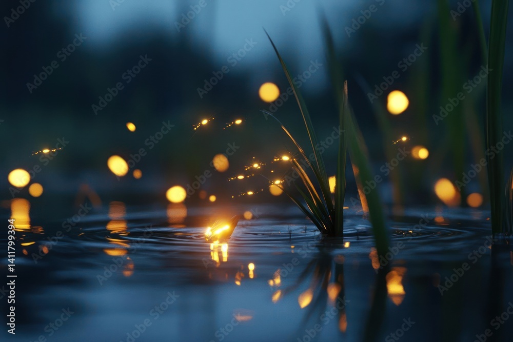 Aufkleber close up of grass in dark murky water reflecting spots of warm light creating a serene atmosphere. f