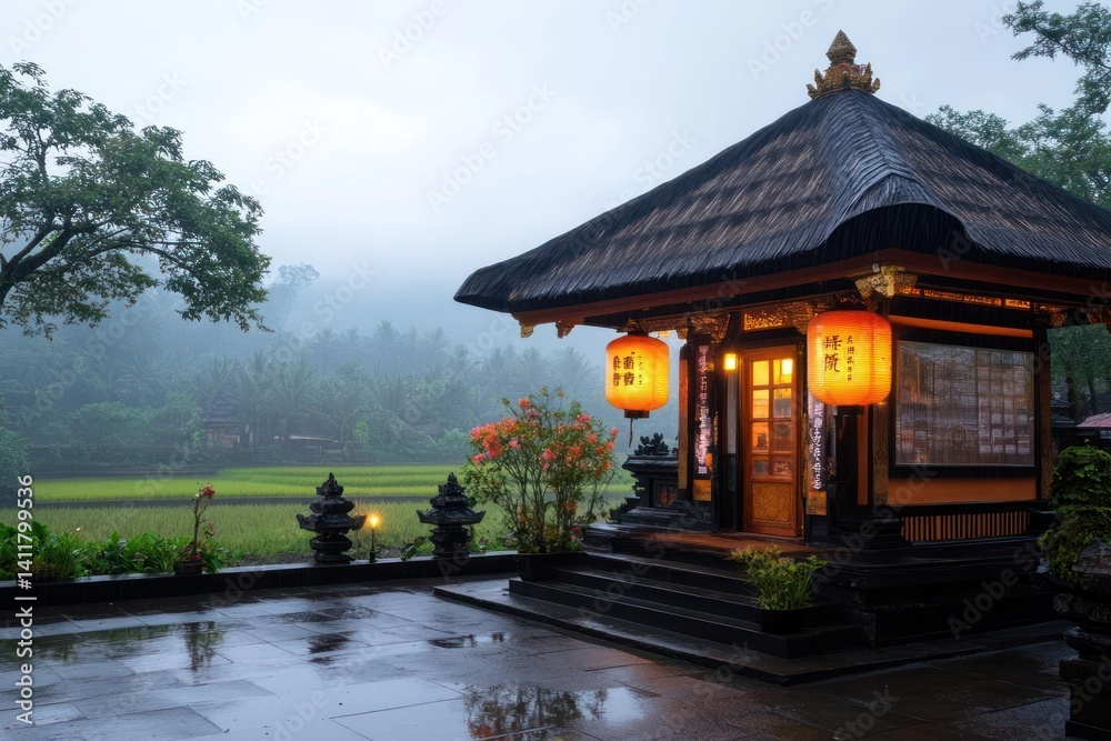 Poster This image shows a small, ornate structure with a thatched roof and illuminated lanterns on a rainy day. It features intricate carvings, a tiled floor, and lush greenery in the background, evoking a