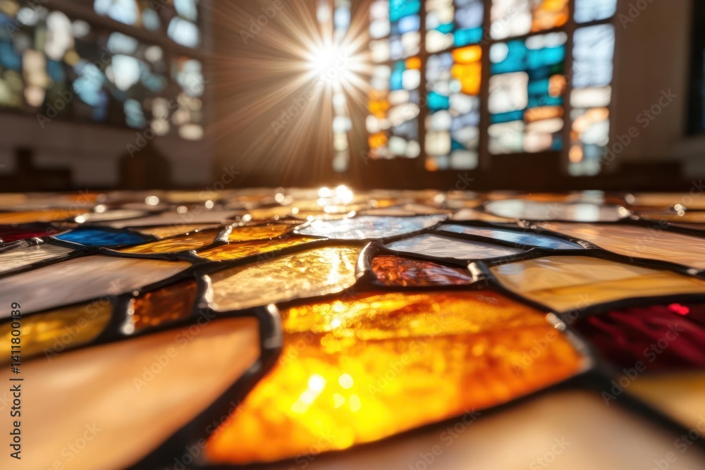 Aufkleber Close up on a colorful stained glass window with sun rays shining through, creating a warm, vibrant pattern. The light casts a bright glow on the glass, highlighting its intricate design and texture