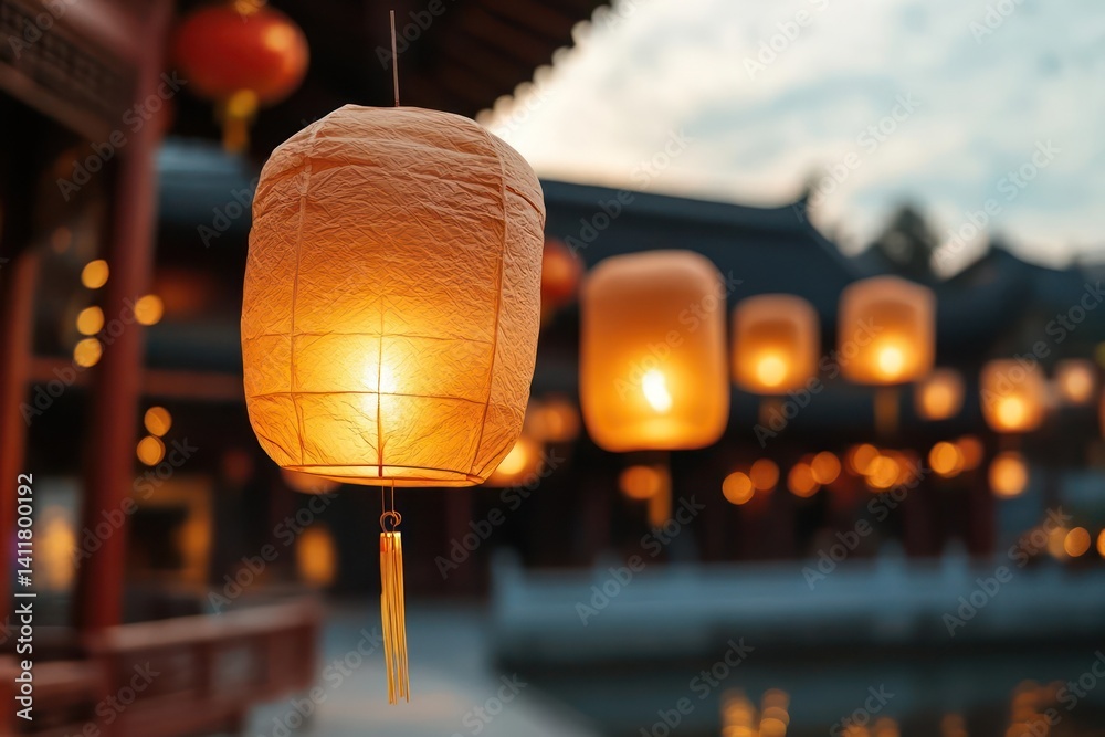 Aufkleber illuminated rectangular lanterns with warm light hanging outdoors, blurred background of traditional