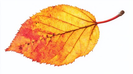A birch tree leaf with serrated edges and visible veins isolated on white.