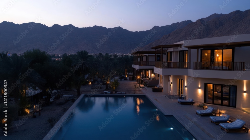 Poster aerial shot of a luxury villa complex featuring a sleek pool with lounge chairs, set against a backd