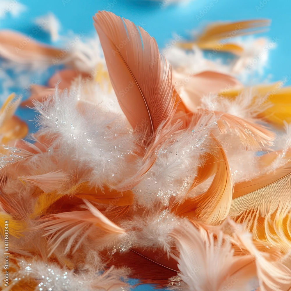 Fototapete a close-up composition featuring a collection of soft, delicate feathers in hues of peach, orange, a