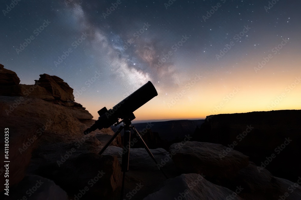 Poster a telescope stands against a backdrop of a vibrant galaxy against a twilight sky. the telescope is p