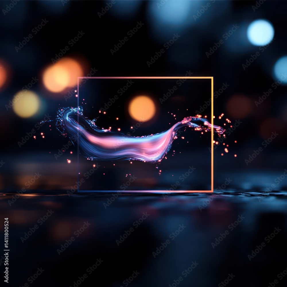 Poster Abstract image of a luminous square framing a dynamic fluid wave with generic hues, set against a blurred backdrop of bokeh lights on a reflective surface. The scene has a futuristic feel with