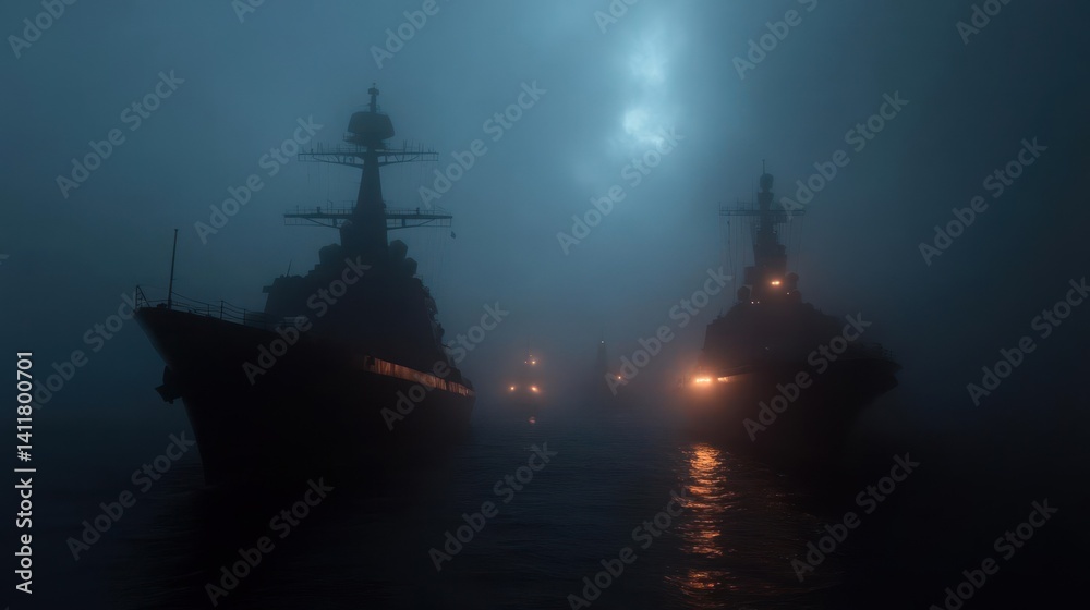 Poster Two navy ships sailing through a dark, foggy ocean with the moon barely visible in the background. The ships' lights reflect on the water, creating a mysterious and ominous atmosphere