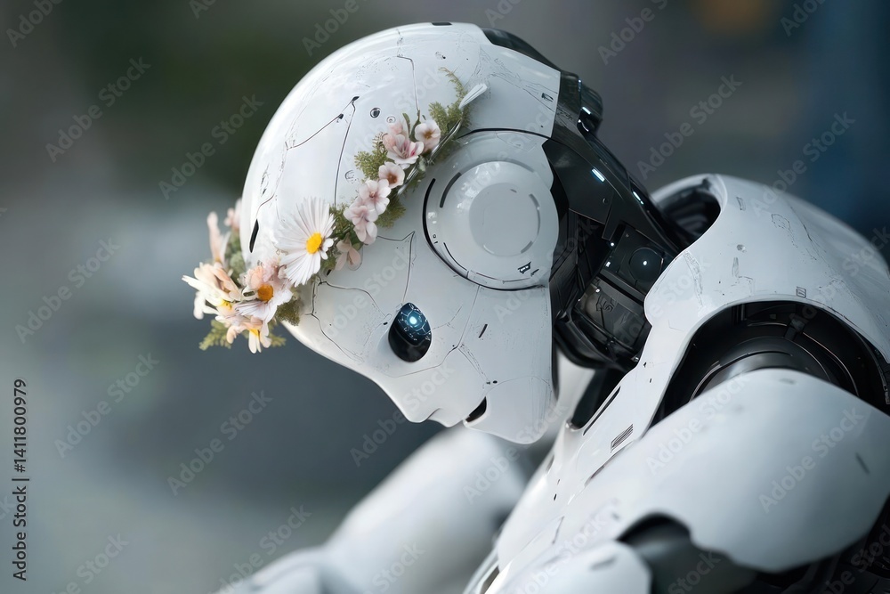 Aufkleber close-up studio shot of a white robot wearing a floral crown looking down with a soft, blurred grey 