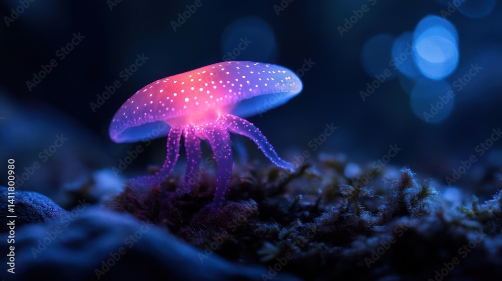 Poster a vibrant jellyfish rests on a dark seabed, illuminated by glowing pink and blue light. the transluc