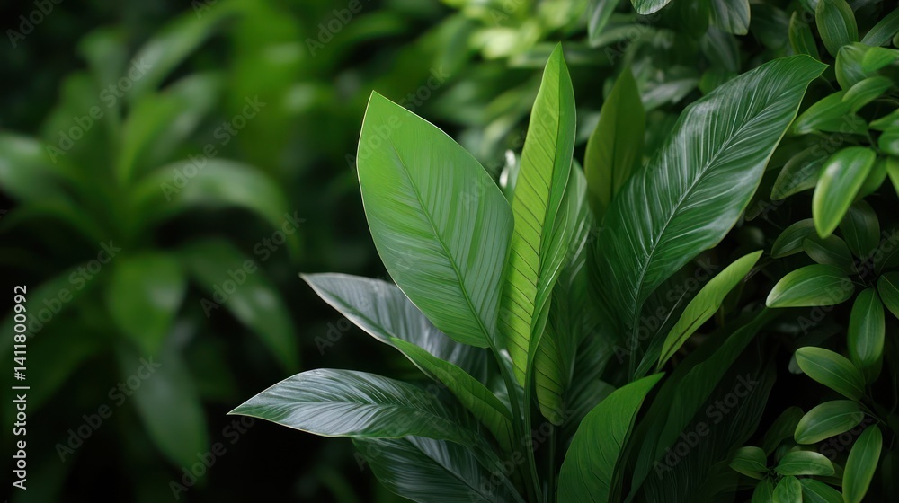 Poster close up view of dark green foliage showcasing different shapes and textures. focus on leaves with v