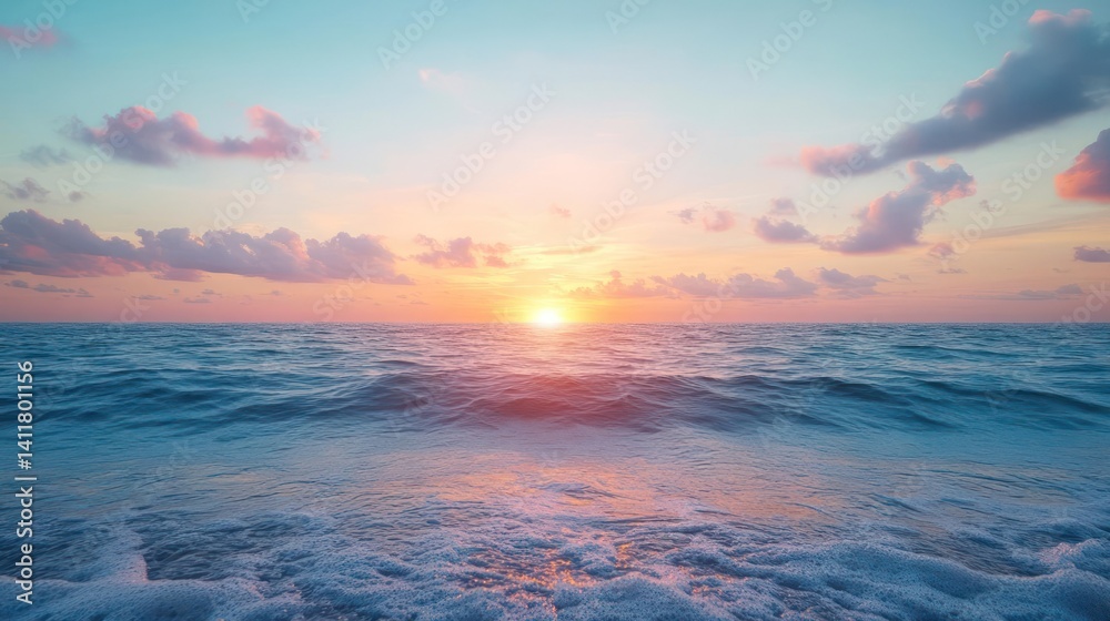 Poster a serene seascape featuring gentle waves illuminated by the soft glow of the setting sun. the pastel