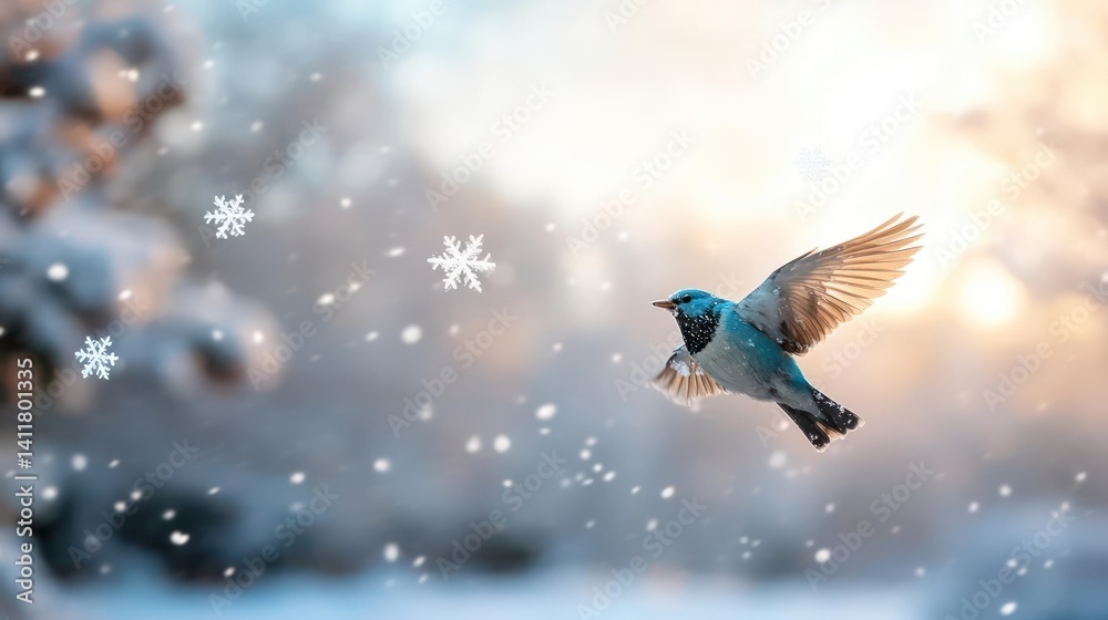 Poster close up of a blue bird in flight with its wings spread open, flying through falling white snow flak