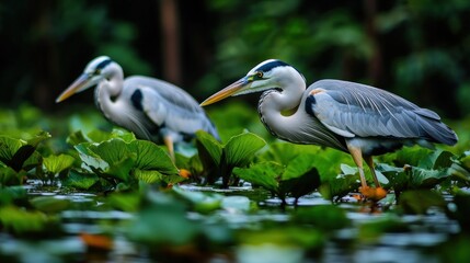 Fototapeta premium Grey herons wading in lily pad pond, lush forest background