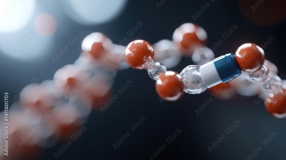Poster Close-up shot of a molecular structure featuring orange and transparent spheres connected by cylindrical shapes, against a blurred dark background with bokeh lights, creating a scientific or