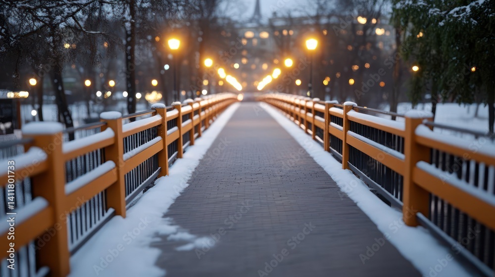 Poster scenic winter landscape featuring a pedestrian bridge covered in fresh snow, illuminated by warm str