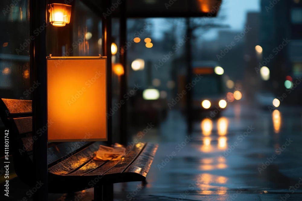 Poster a bus stop shelter with a blank illuminated sign at twilight after the rain. the ground is wet and t