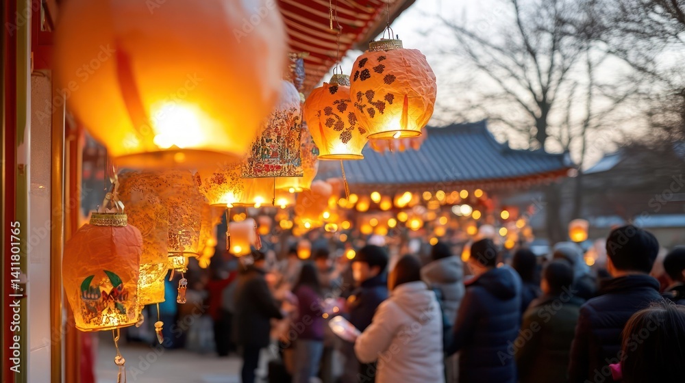 Aufkleber Illuminated decorative lanterns hang at dusk, casting a warm glow over a crowd of people in coats, creating a festive atmosphere near a traditional building in the background